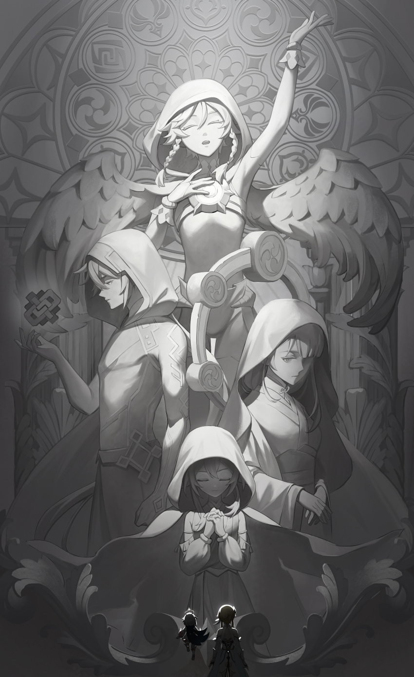 2girls, absurdres, facing_away, from_behind, genshin_impact, greyscale, highres, hood