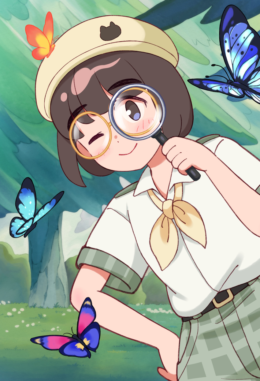 1girl, absurdres, aragon_honnin, blue_eyes, blush, brown_hair, bug, butterfly