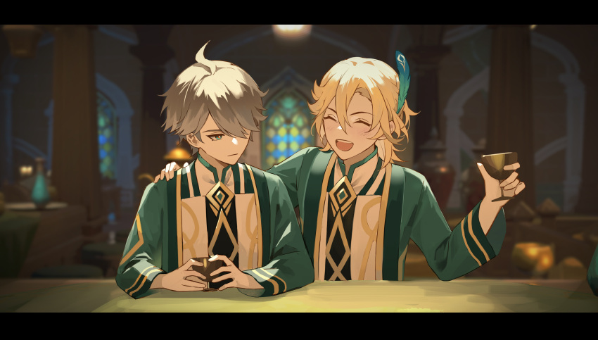 2boys, :d, absurdres, against_table, aged_down, akademiya_uniform, alhaitham_(genshin_impact), blurry