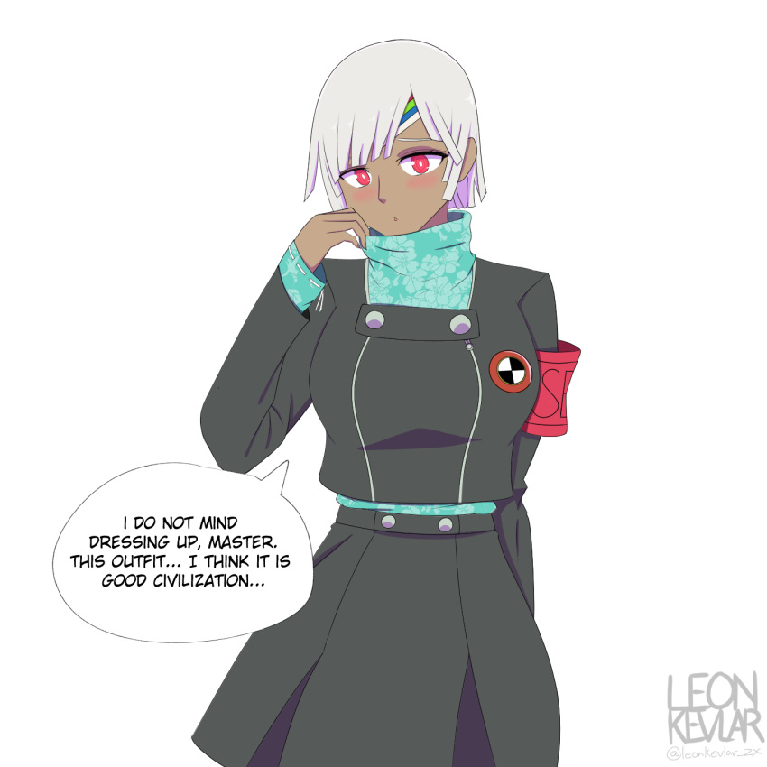 1girl, altera_(fate), artist_name, black_jacket, black_skirt, blush, collar_tug, cosplay, crossover, dark-skinned_female, dark_skin, english_commentary, english_text, fate/grand_order, fate_(series), floral_print, gekkoukan_high_school_uniform, grey_hair, high_collar, highres, jacket, leonkevlar, looking_at_viewer, noto_mamiko, patterned_clothing, persona, persona_3, persona_3_portable, red_eyes, ringed_eyes, s.e.e.s, school_uniform, short_hair, simple_background, skirt, solo, speech_bubble, tan, variant_set, voice_actor_connection, white_background, white_hair, yamagishi_fuuka, yamagishi_fuuka_(cosplay)