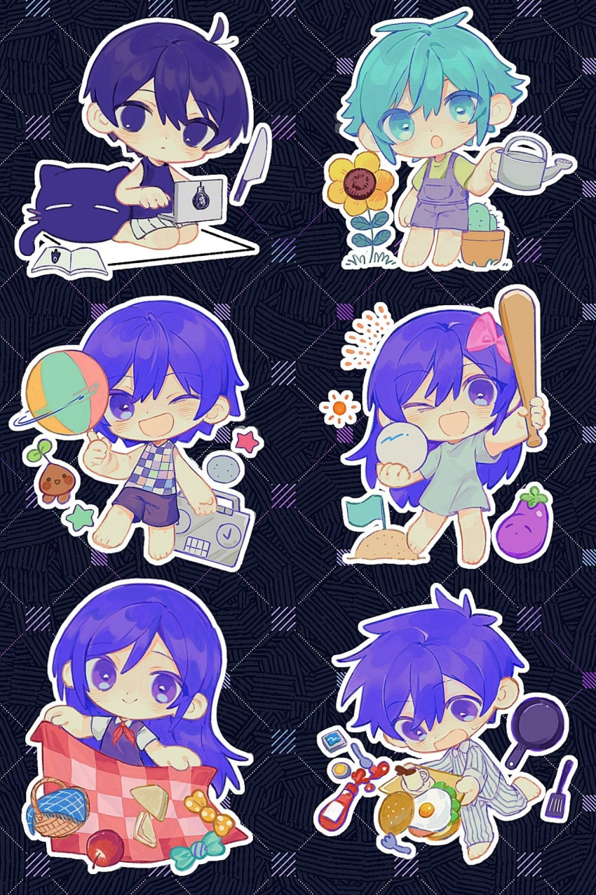 2girls, 4boys, aubrey_(headspace)_(omori), aubrey_(omori), baseball_bat, basil_(headspace)_(omori), basil_(omori), black_eyes