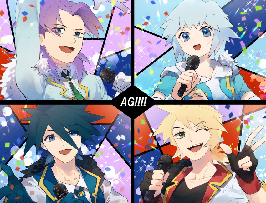 21c, 4boys, :d, alternate_costume, amulet, arm_up, black_gloves, black_shirt