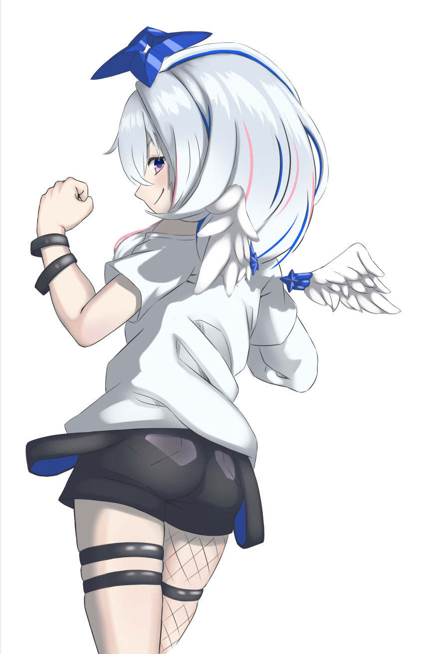 1girl, absurdres, amane_kanata, amane_kanata_(punk_rock), angel, angel_wings, ass, black_shorts