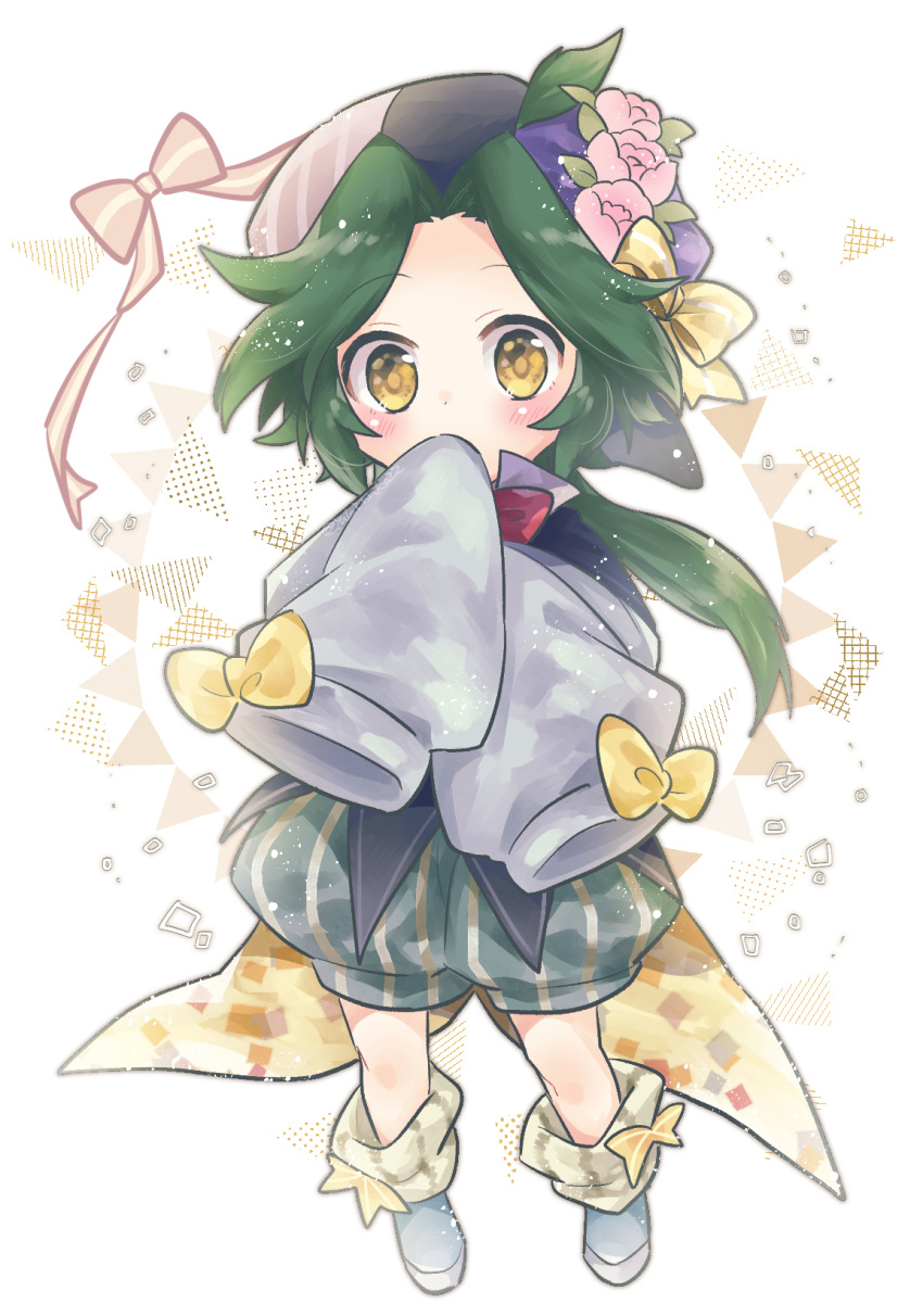 1boy, beret, blush, child, covered_mouth, covering_own_mouth, flower, full_body
