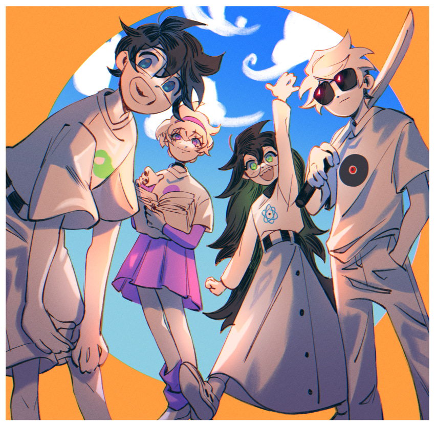 2boys, 2girls, absurdres, black_hair, blue_eyes, blue_sky, book, closed_mouth
