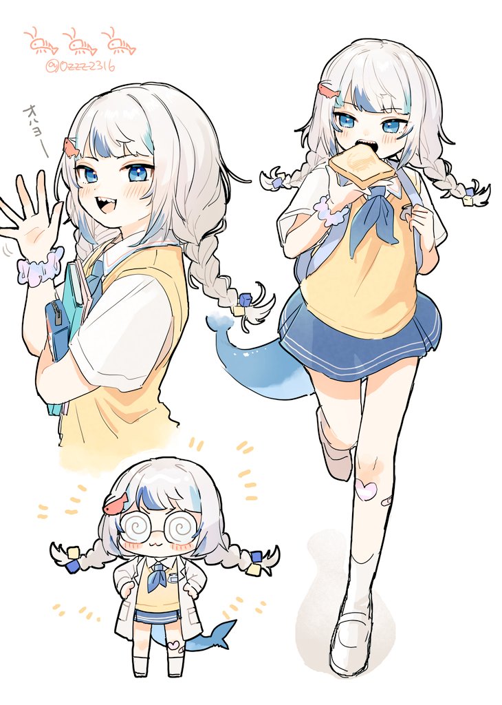 1girl, :d, backpack, bag, bandaid, bandaid_on_leg, blue_eyes, blue_hair