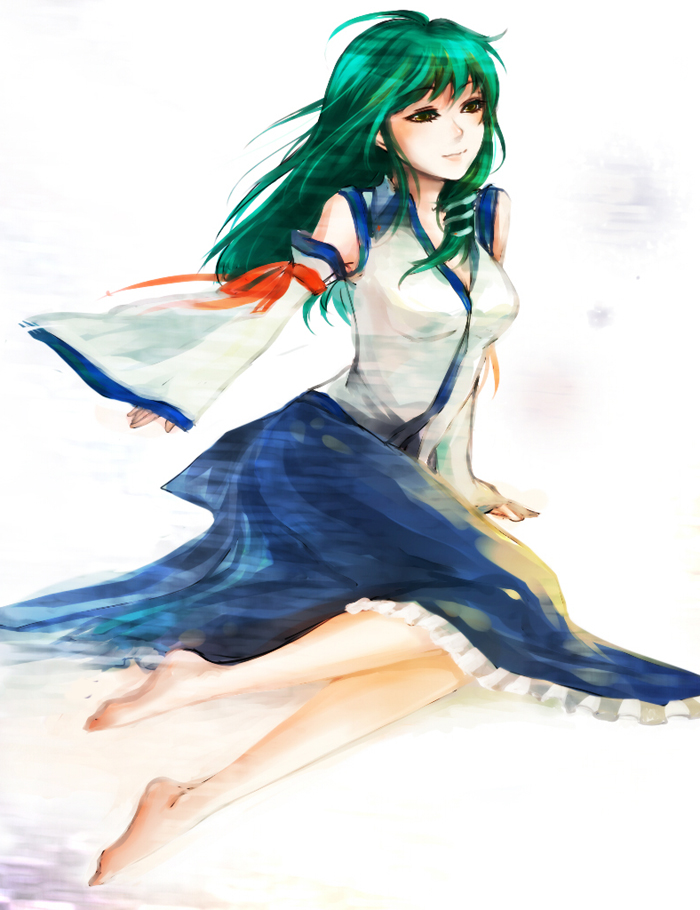 barefoot, detached_sleeves, even_(artist), feet, green_hair, hair_ornament, kochiya_sanae, lips, long_hair, smile, snake, solo, touhou, yellow_eyes