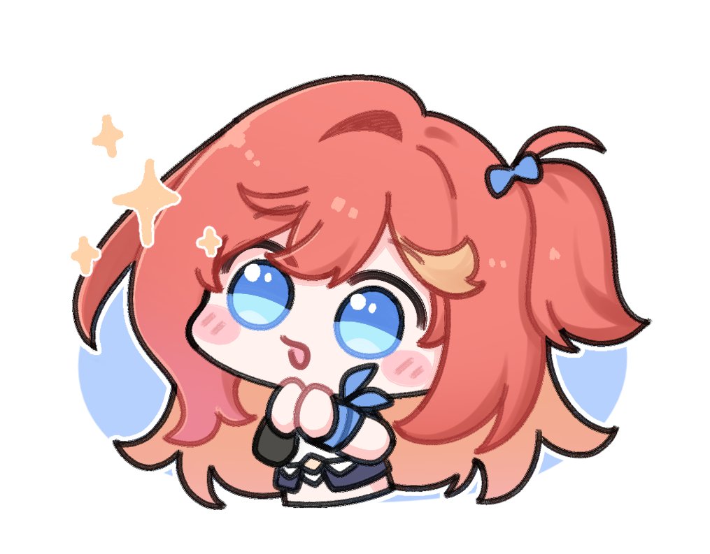 1girl, blue_background, blue_eyes, blush_stickers, brown_hair, chibi, commentary_request, cropped_torso