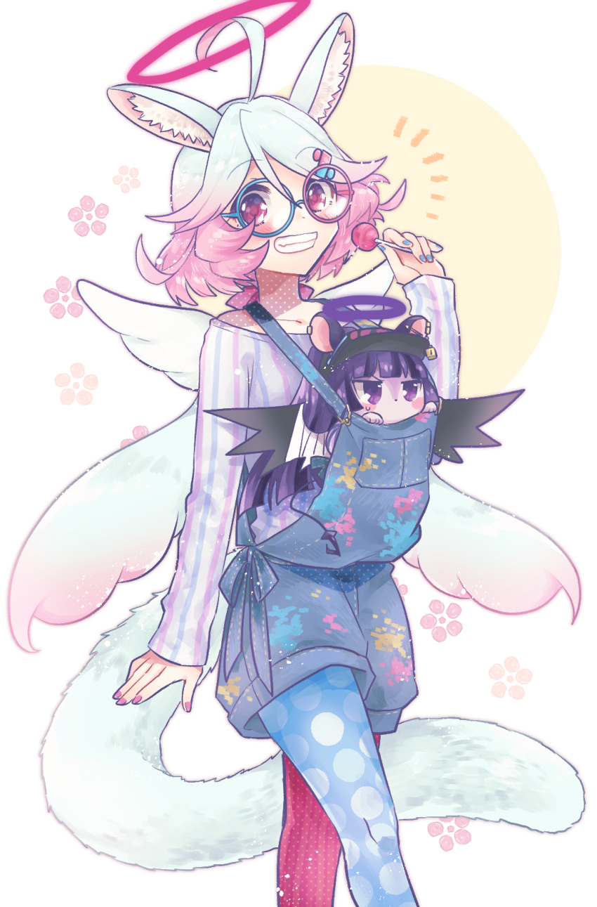 2girls, ahoge, angel_wings, animal_ears, asymmetrical_legwear, baby_carrier, black_hat, blue_hair