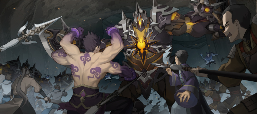 6+boys, absurdres, abyss_mage_(genshin_impact), black_serpent_knight_(genshin_impact), bosacius_(genshin_impact), cave, fighting, from_behind