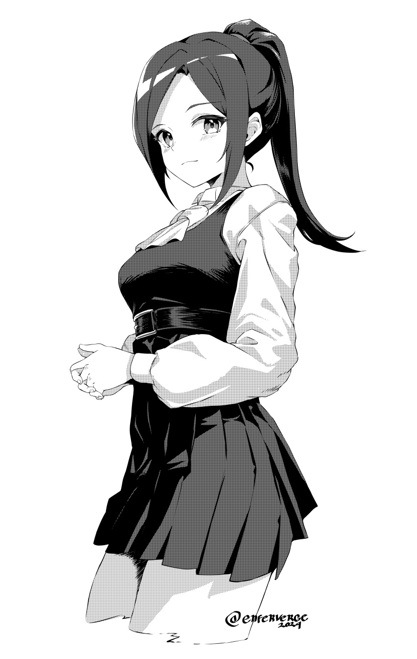 1girl, absurdres, belt, commission, cowboy_shot, enferverge, from_side, greyscale