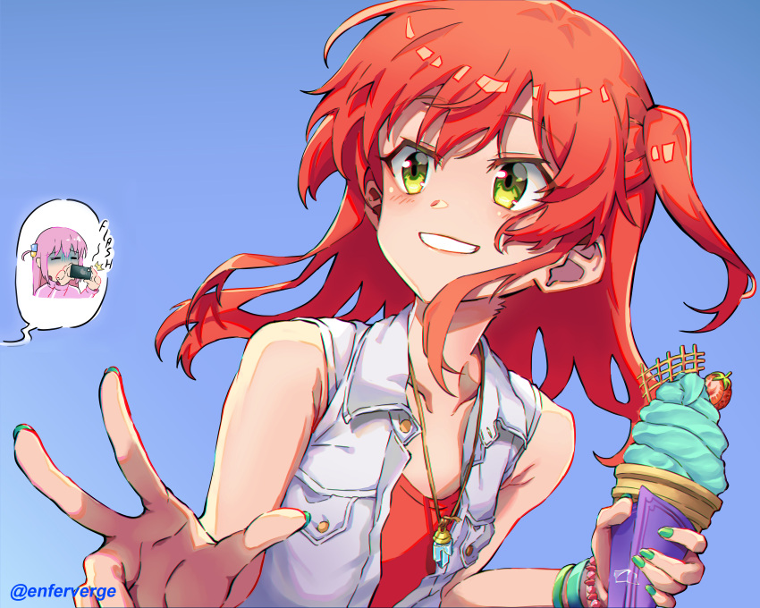 2girls, :q, absurdres, artist_name, bare_arms, bare_shoulders, blue_background, blush