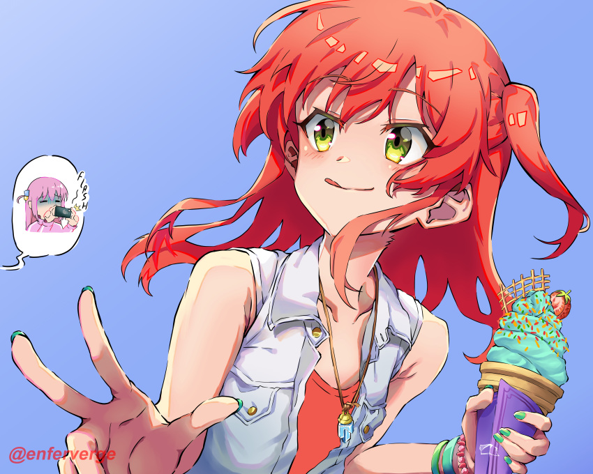 2girls, :q, absurdres, artist_name, bare_arms, bare_shoulders, blue_background, blush