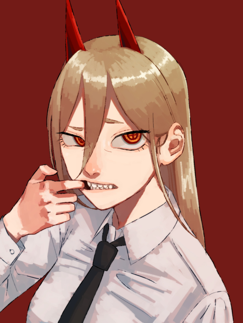 1girl, black_necktie, blonde_hair, chainsaw_man, clenched_teeth, collared_shirt, cross-shaped_pupils, demon_girl