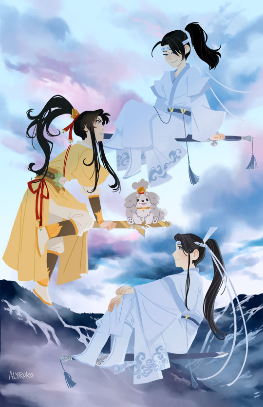 3boys, alyruko, black_eyes, black_hair, blue_clouds, blue_eyes, blue_sky, blue_trim