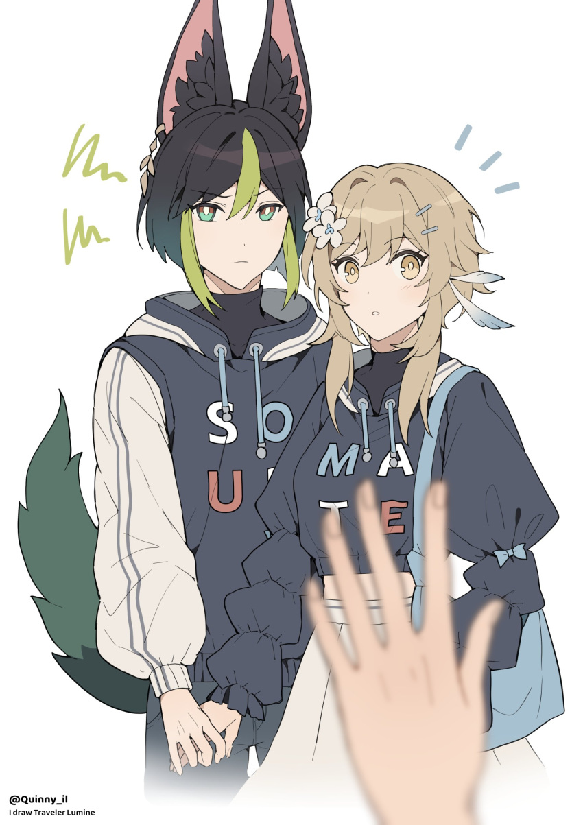 1boy, 1girl, 1other, absurdres, animal_ears, black_hair, black_hoodie, blonde_hair
