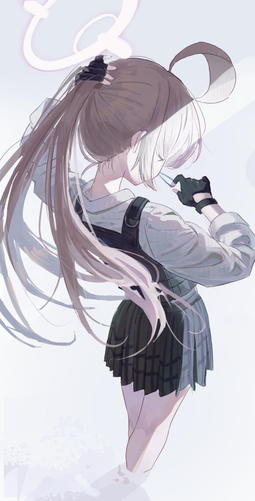 1girl, absurdres, adjusting_hair, ahoge, black_gloves, blue_archive, bulletproof_vest, fingerless_gloves