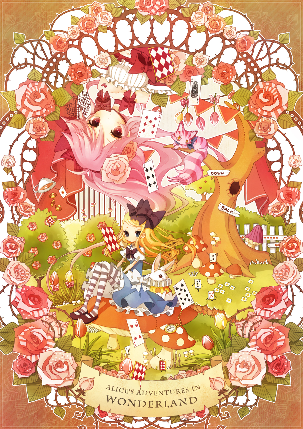 alice_(wonderland), alice_in_wonderland, blonde_hair, blue_eyes, bow, card, card_creature, cheshire_cat, cup, falling_card, flower, hair_bow, hair_ornament, highres, mary_janes, multicolored_rose, mushroom, neck_ruff, pink_hair, pink_rose, pocket_watch, queen_of_hearts, red_eyes, red_rose, rose, shoes, teacup, thigh-highs, thighhighs, title_drop, tree, watch, white_rabbit