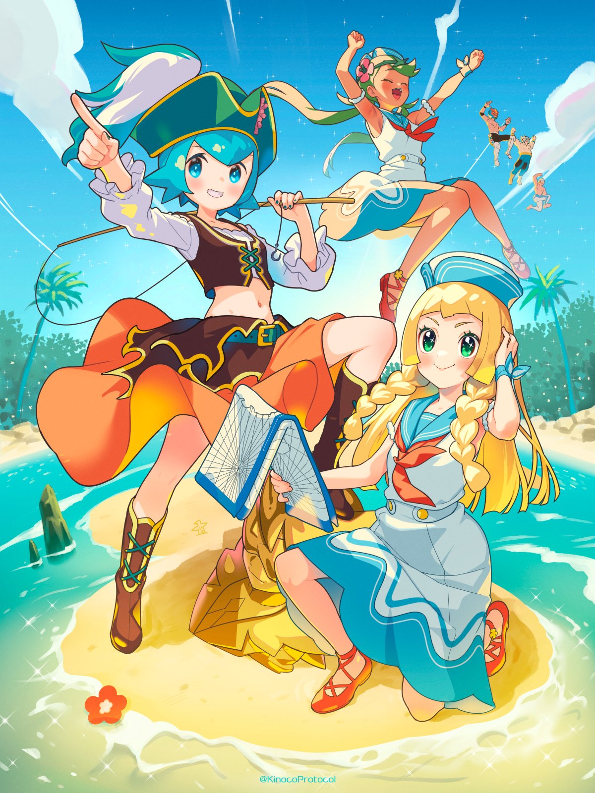 3boys, 3girls, acerola_(pokemon), acerola_(pokemon)_(cosplay), acerola_(summer_2024)_(pokemon), alternate_costume, artist_name, beach
