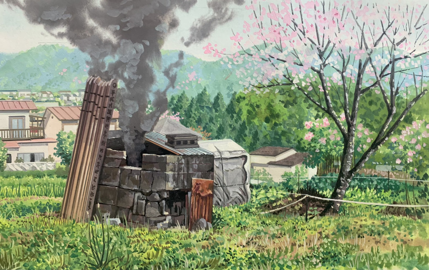 brick_wall, cherry_blossoms, cinder_block, day, doremifa84, farm, fence_post, forest, grass, highres, mountain, mountainous_horizon, nature, no_humans, original, pine_tree, rope_fence, rural, scenery, shack, smoke_trail, town, tree