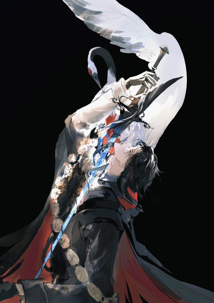 1boy, alternate_costume, animal, arknights, bird, black_background, black_cape, black_gloves, black_hair, black_shirt, cape, collared_shirt, crane_(animal), cuffed_sleeves, gloves, gnosis_(arknights), hashtag-only_commentary, holding, holding_sword, holding_weapon, long_sleeves, male_focus, monocle, official_alternate_costume, shirt, simple_background, solo, sword, upper_body, weapon, ye_(ran_chiiipye)