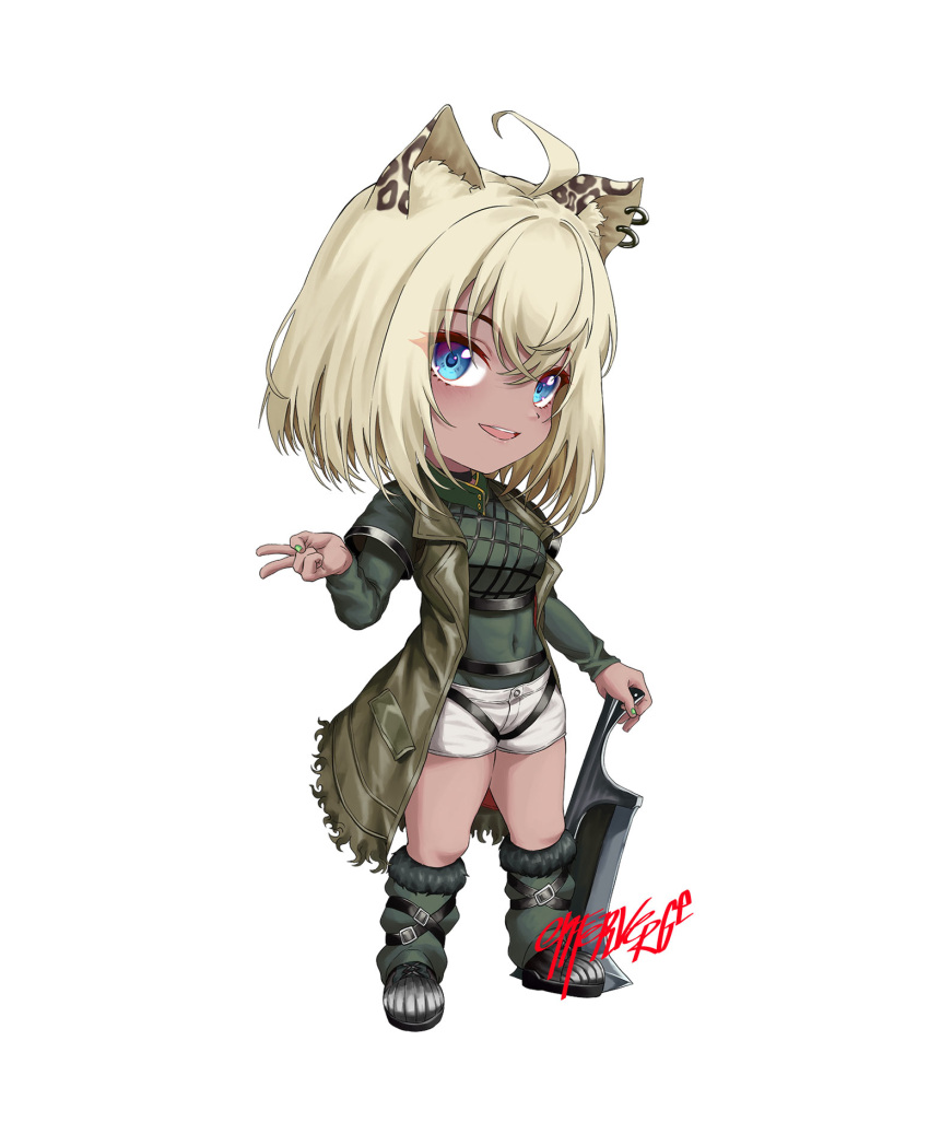 1girl, :d, ahoge, arknights, blonde_hair, blue_eyes, breasts, brown_coat