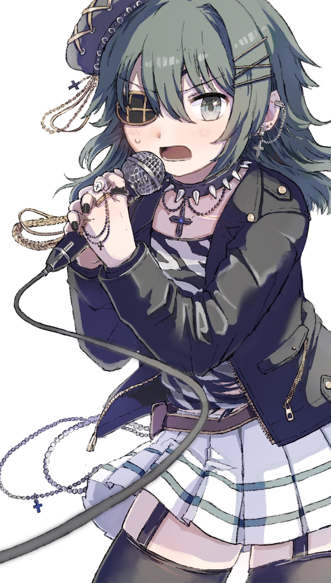 1girl, alternate_costume, black_hat, black_jacket, black_nails, black_thighhighs, blush, commentary_request