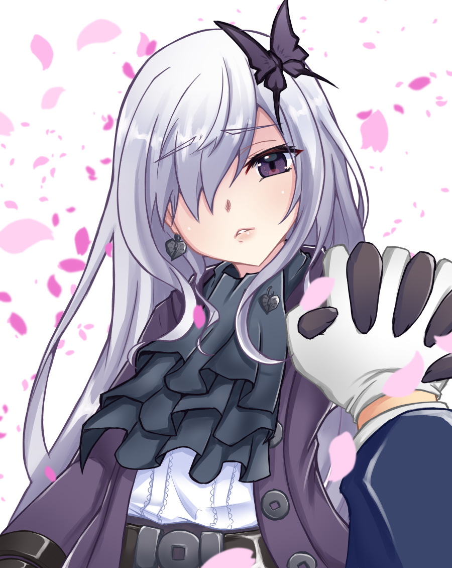 1boy, 1girl, ascot, belt, black_ascot, black_gloves, butterfly_hair_ornament, commentary_request