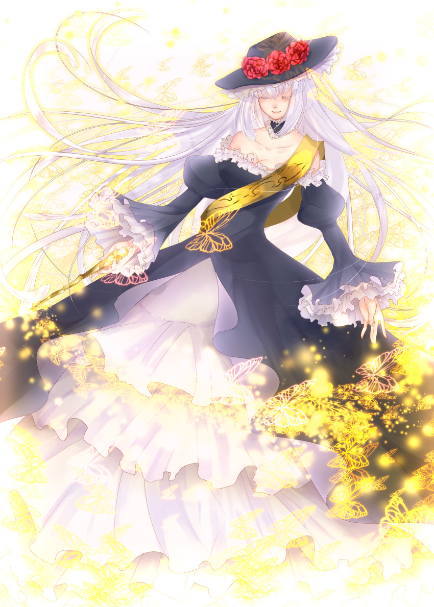 bare_shoulders, breasts, butterfly, choker, cleavage, closed_eyes, dress, flower