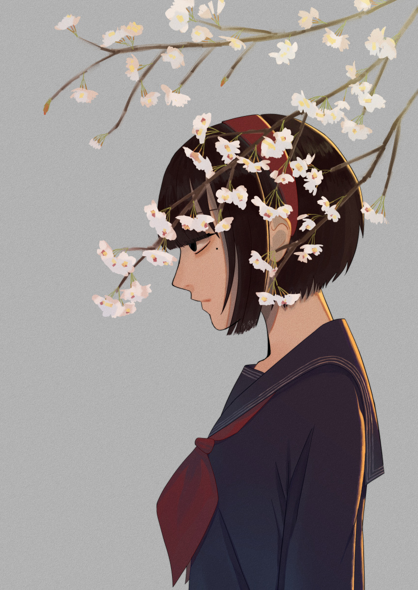 1girl, absurdres, black_hair, black_serafuku, bob_cut, domonjoshamambe, flower, from_side
