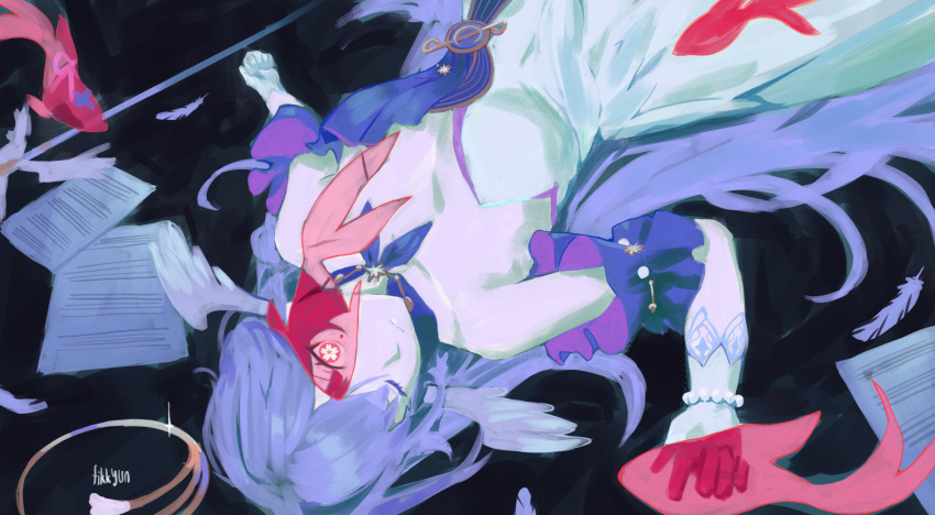 1girl, artist_name, bare_shoulders, black_background, bracelet, choker, closed_mouth, detached_sleeves, dress, fikkyun, flower-shaped_pupils, gloves, halo, head_wings, highres, honkai:_star_rail, honkai_(series), jewelry, koi, looking_at_viewer, lying, microphone_stand, musical_note_ornament, on_back, one_eye_closed, pearl_bracelet, purple_choker, purple_hair, purple_sleeves, red_eyes, robin_(honkai:_star_rail), scattered_paper, sheet_music, solo, sparkle_(honkai:_star_rail), strapless, strapless_dress, symbol-shaped_pupils, upper_body, upside-down, white_dress, white_gloves, white_wings, wings
