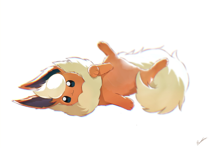 black_eyes, bright_pupils, chromatic_aberration, emofuru_(vktd5442), flareon, highres, looking_at_viewer, lying