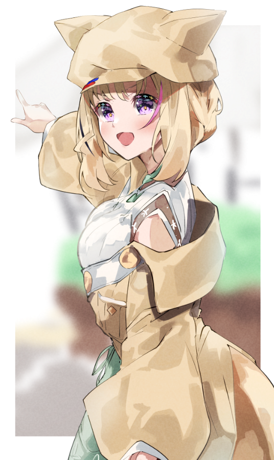 1girl, blonde_hair, cowboy_shot, from_side, green_skirt, hat, hololive, jacket