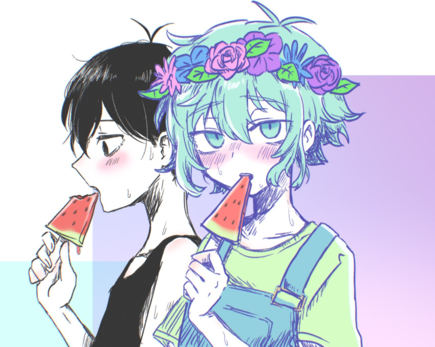 2boys, aqua_eyes, aqua_hair, black_eyes, black_hair, black_tank_top, blush, eating