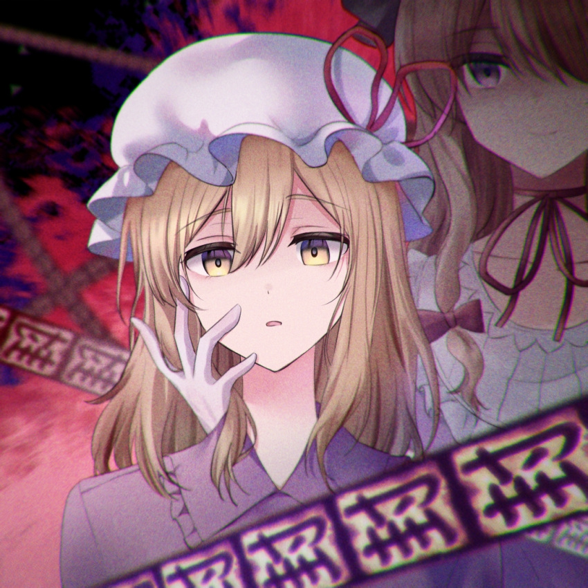 2girls, blonde_hair, choker, closed_mouth, commentary_request, dress, gloves, hakubo_(usgr_0)