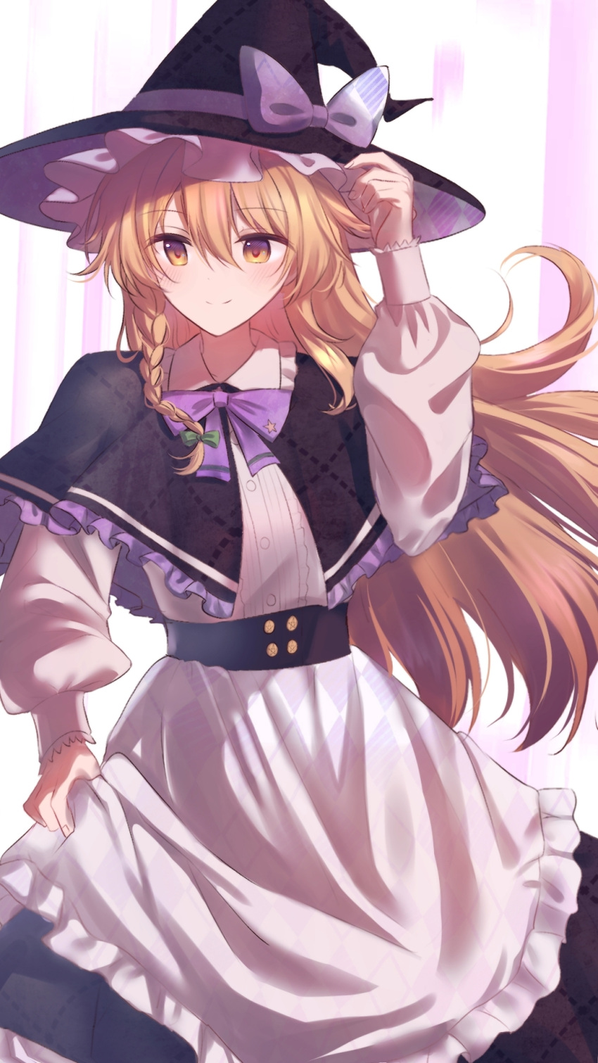 1girl, adapted_costume, apron, black_capelet, blonde_hair, blush, bow, bowtie, braid, capelet, closed_mouth, commentary_request, green_bow, hair_bow, hakubo_(usgr_0), hand_on_headwear, hat, hat_bow, highres, kirisame_marisa, long_hair, long_sleeves, purple_bow, purple_bowtie, side_braid, single_braid, smile, solo, touhou, waist_apron, witch_hat, yellow_eyes