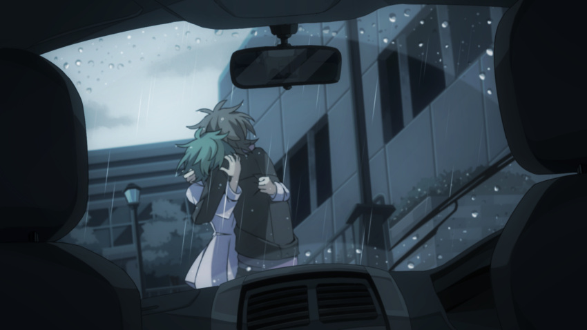 1boy, 1girl, black_jacket, brown_hair, car_interior, clouds, commentary_request, dress
