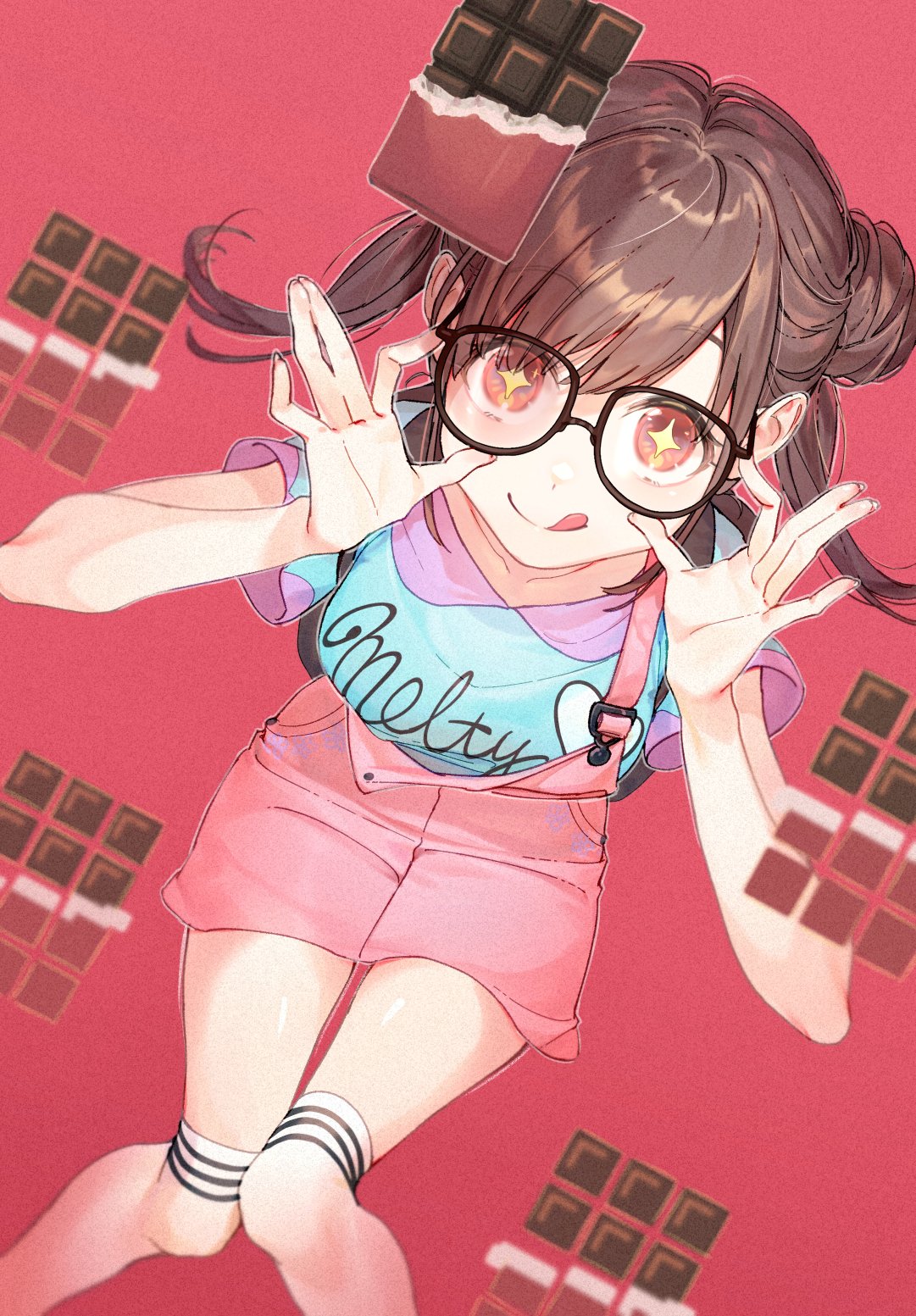 1girl, blue_shirt, brown_hair, candy, chocolate, chocolate_bar, commentary_request, double_bun