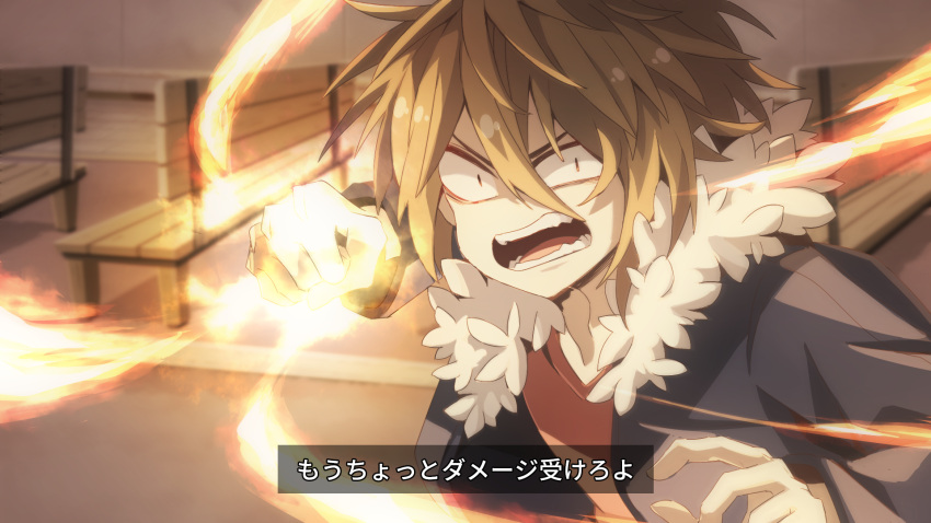 1boy, black_jacket, blurry, blurry_background, brown_eyes, brown_hair, commentary_request, fake_screenshot