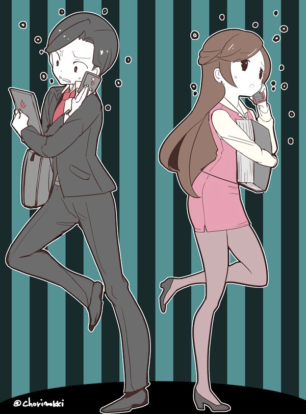 1boy, 1girl, artist_name, bag, black_bag, black_footwear, black_hair, black_jacket