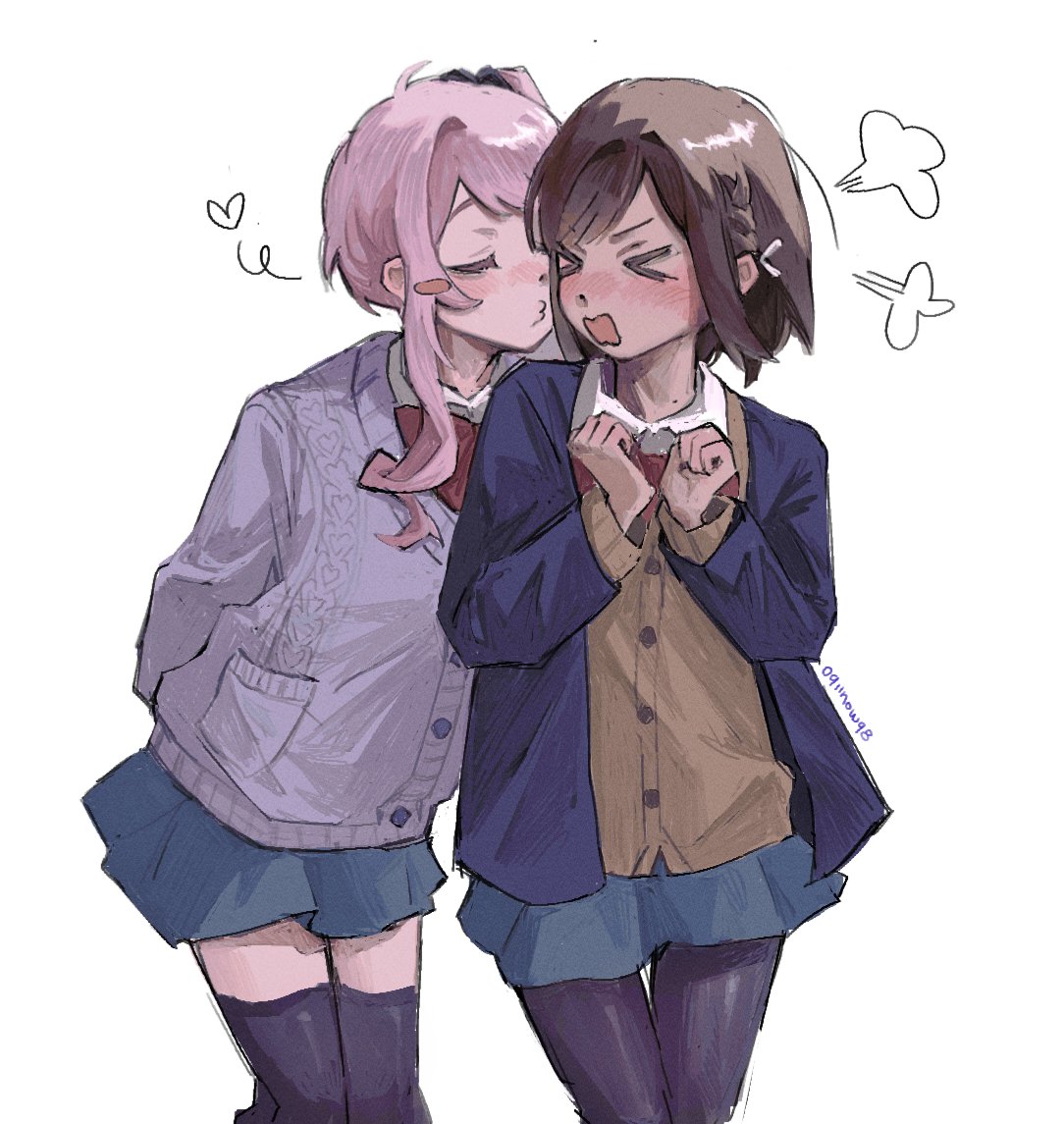 >_<, 09iinowq8, 1girl, 1other, akiyama_mizuki, arms_behind_back, black_thighhighs, blazer