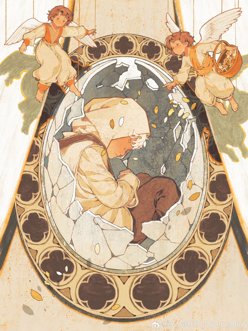 3boys, absurdres, angel, angel_wings, barefoot, basket, black_pants, brown_eyes