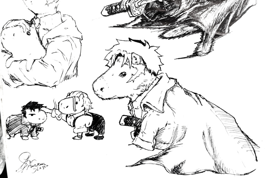 black_coat, black_hair, black_pants, capybara, cigarette, coat, glowing, glowing_eyes