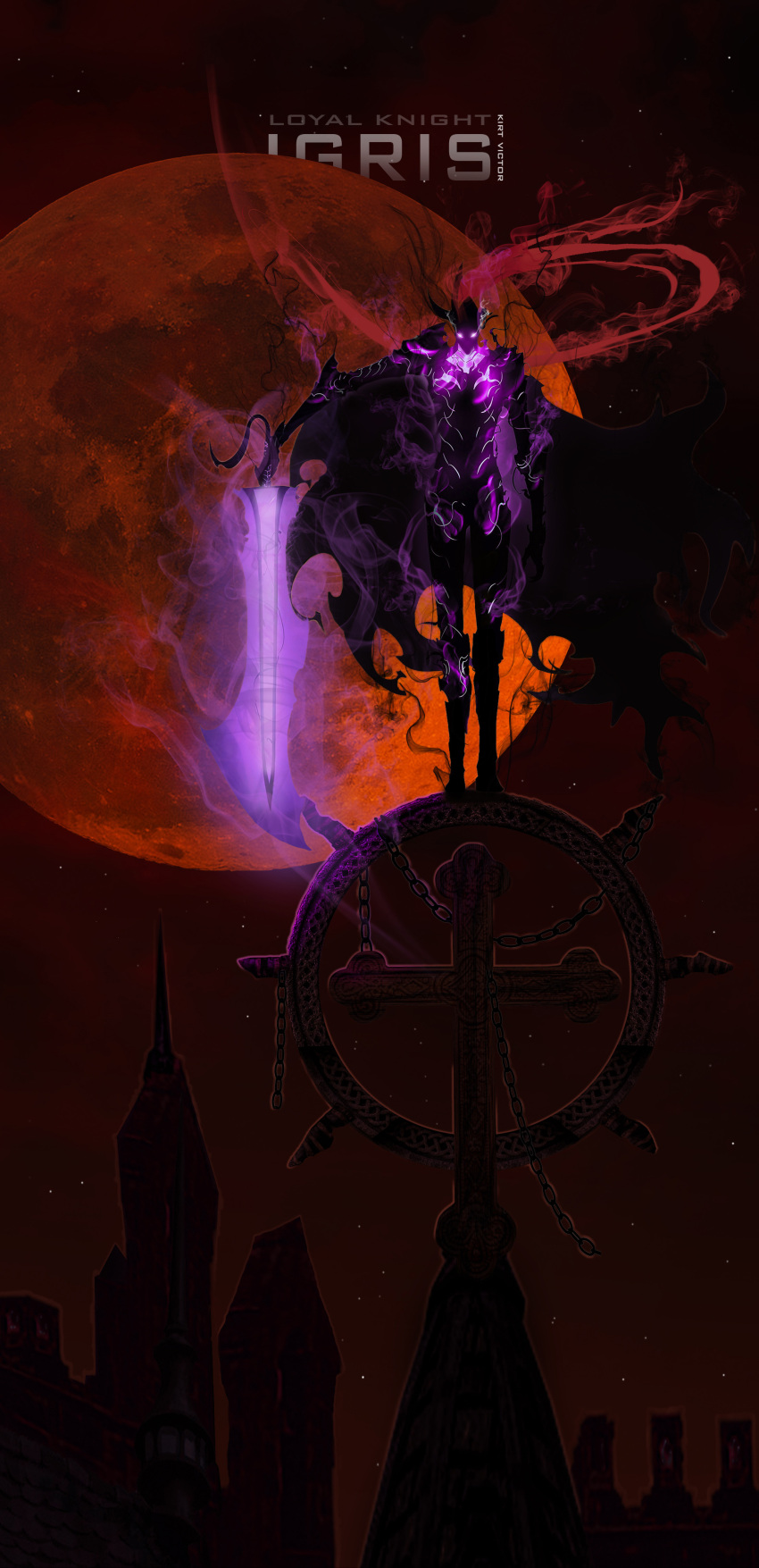 absurdres, armor, aura, black_cape, building, cape, dark_aura, full_armor