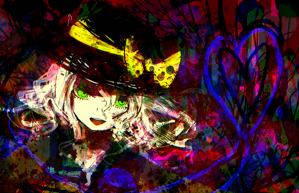 blouse, colorful, faux_traditional_media, green_eyes, hat, hat_ribbon, heart, heart_of_string