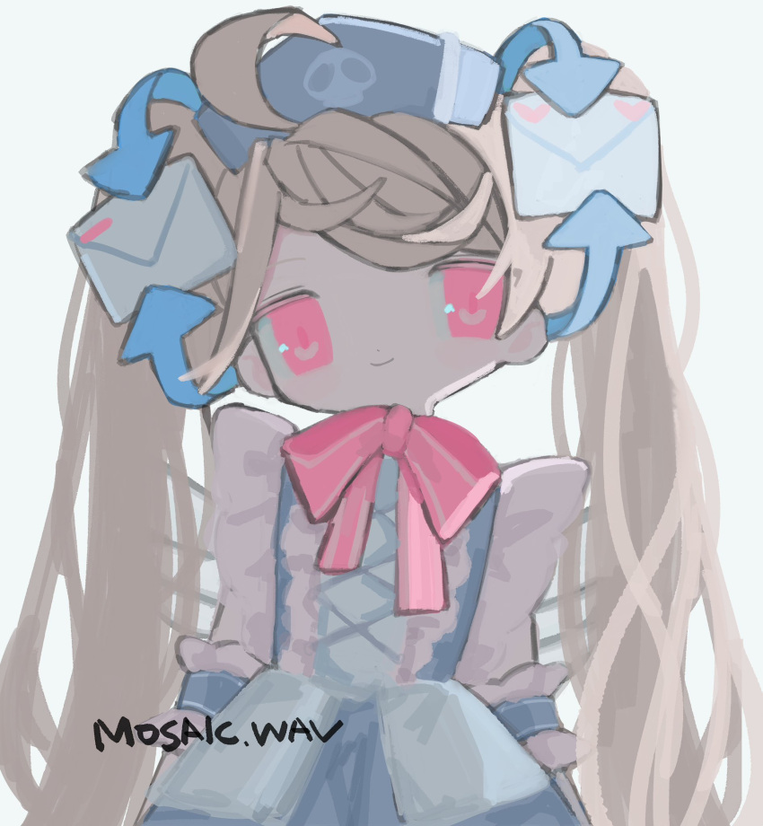 1girl, ahoge, arrow_(symbol), bad_id, bad_twitter_id, blonde_hair, blue_dress, blue_hat, closed_mouth, cowboy_shot, dress, envelope, envelope_hair_ornament, fpwrs, hair_ornament, hat, highres, long_hair, looking_at_viewer, mosaic.wav, neck_ribbon, pink_eyes, pink_ribbon, ribbon, skull_print, smile, solo, twintails, white_wings, wings