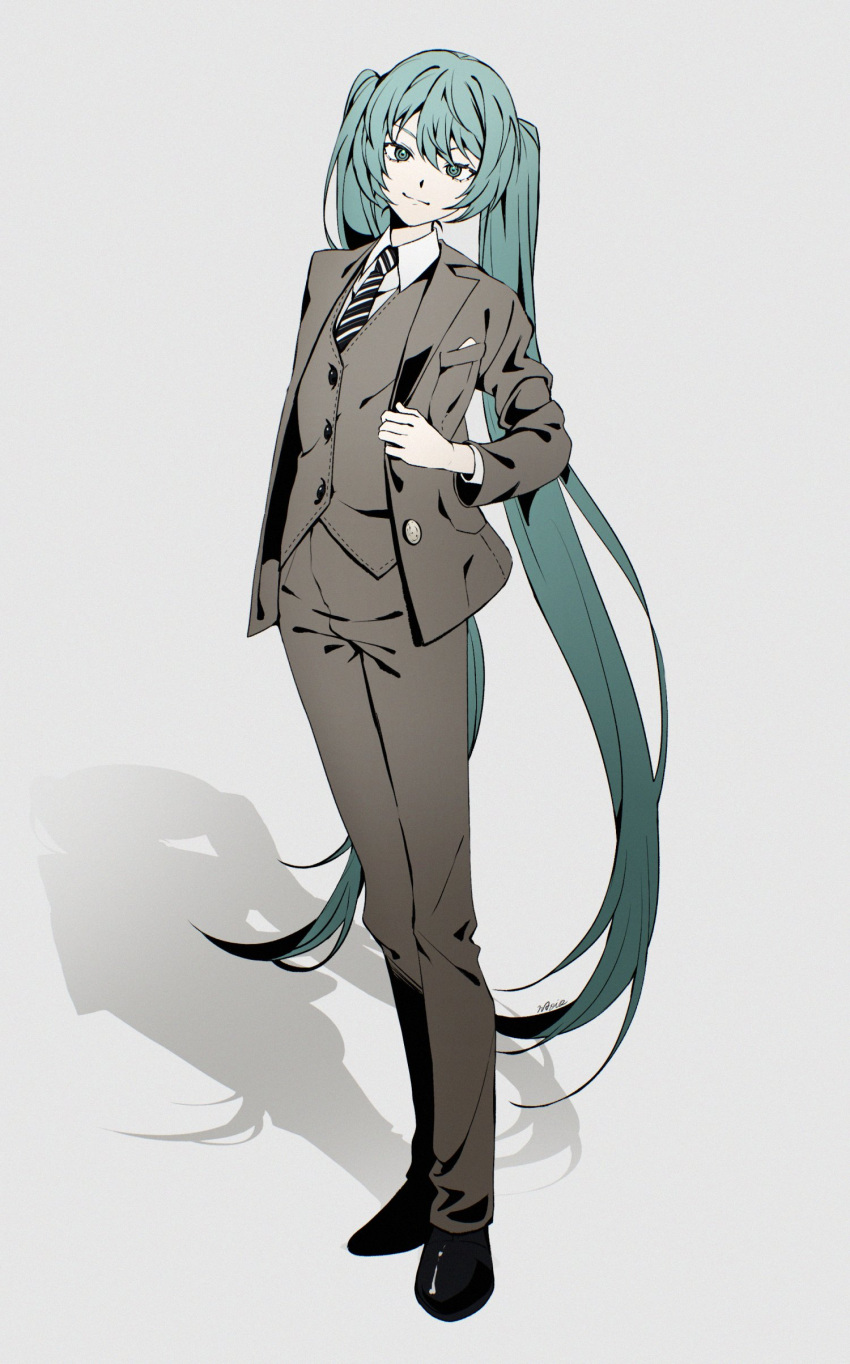 1girl, absurdres, aqua_eyes, aqua_hair, black_footwear, dress_shirt, flat_chest, full_body