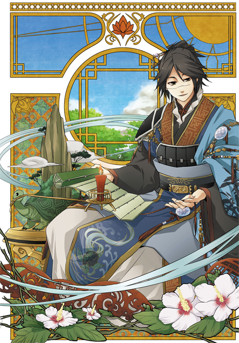 bamboo_scroll, black_hair, blue_sky, chinese_clothes, cloud, clouds, flower, hanfu, male, original, rukira, scroll, short_hair, sitting, sky, solo, taikakiden, tree, turtle, window