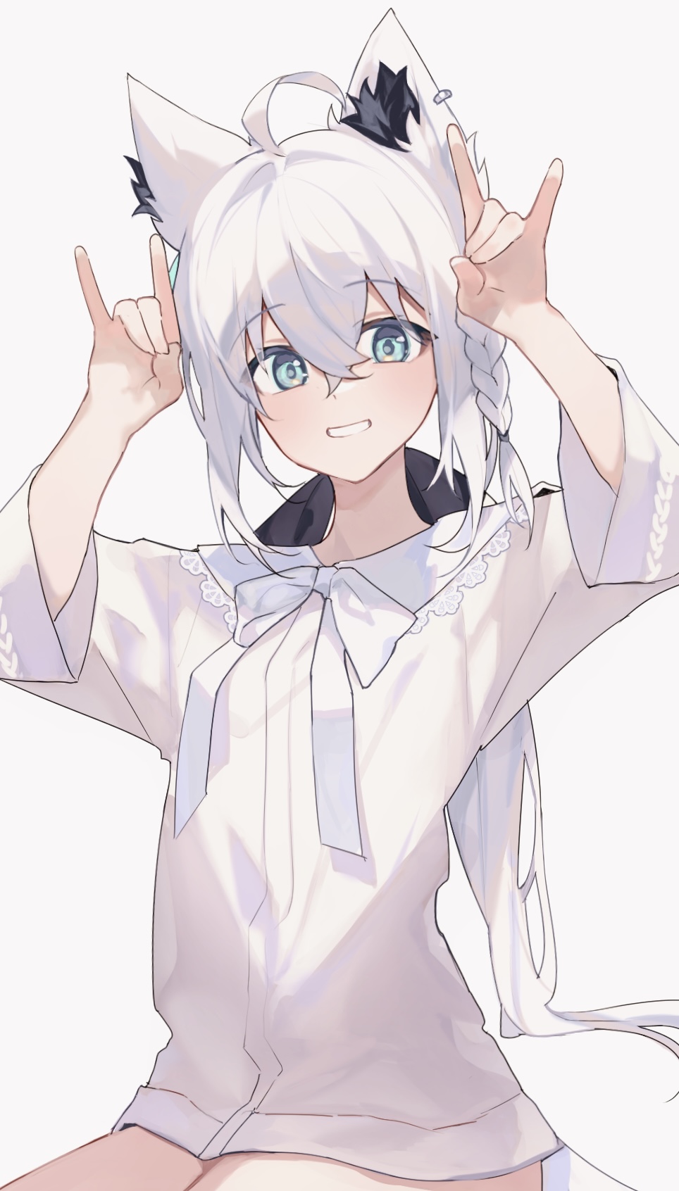 1girl, ahoge, animal_ear_fluff, animal_ears, aqua_eyes, arms_up, black_ribbon, braid