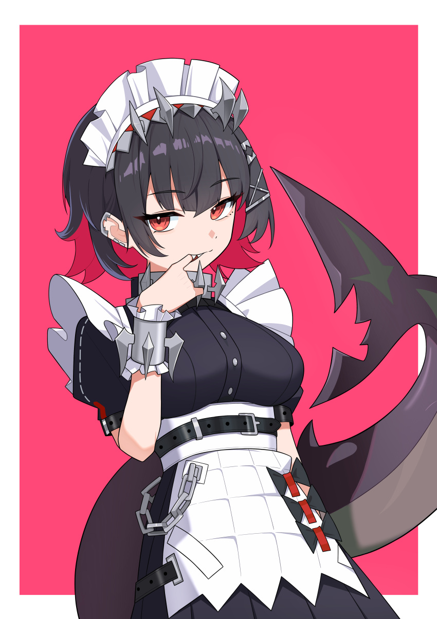 1girl, absurdres, breasts, colored_inner_hair, ellen_joe, fins, fish_tail, hair_ornament, highres, looking_at_viewer, maid, maid_headdress, medium_breasts, mole, mole_under_eye, multicolored_hair, nord_(expc4752), puffy_short_sleeves, puffy_sleeves, red_background, red_eyes, redhead, shark_girl, shark_tail, sharp_teeth, short_sleeves, solo, tail, teeth, two-tone_background, two-tone_hair, white_background, x_hair_ornament, zenless_zone_zero
